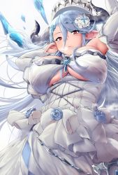 Rule 34 | 10s, 1girl, arms up, blue flower, blue hair, blue rose, blush, bow, breasts, breath, crystal, draph, dress, elbow gloves, eyes visible through hair, floating hair, flower, from below, frown, gloves, granblue fantasy, hair between eyes, hair ornament, hat, highres, horns, izmir, large breasts, long hair, looking down, mole, mole under mouth, open mouth, pekoneko, pink eyes, pointy ears, rose, snowflake hair ornament, solo, underboob, very long hair, white bow, white dress, white gloves, white hat