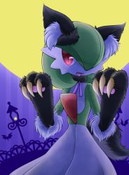 Rule 34 | 1girl, :3, animal ears, animal hands, bat (animal), black gloves, claw pose, claws, colored skin, creatures (company), fangs, female focus, game freak, gardevoir, gen 3 pokemon, gloves, green hair, green skin, hair over one eye, hands up, happy, lamppost, moon, muguet, multicolored skin, night, nintendo, open mouth, outdoors, paw gloves, pokemon, pokemon (creature), red eyes, short hair, smile, solo, standing, tail, two-tone skin, white skin, wolf ears, wolf tail