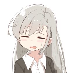 Rule 34 | 1girl, black jacket, blouse, blush stickers, braid, braided bangs, closed eyes, collared shirt, commentary request, dress shirt, earrings, facing viewer, grey hair, highres, hisakawa hayate, idolmaster, idolmaster cinderella girls, idolmaster cinderella girls starlight stage, jacket, jewelry, long hair, open mouth, shirt, shiwa (siwaa0419), simple background, solo, sweat, upper body, wavy mouth, white background, white shirt