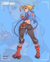 Rule 34 | 1girl, ahoge, ass, blonde hair, blue background, blue eyes, boots, cammy white, character name, edwin huang, fingerless gloves, full body, gloves, highres, jacket, looking back, nails, pants, scar, scar on face, smile, street fighter, street fighter 6, union jack, v