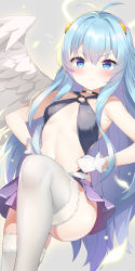 Rule 34 | 1girl, absurdres, anael (soccer spirits), angel, antenna hair, bare shoulders, black choker, blue eyes, blue hair, blush, breasts, choker, closed mouth, clothes lift, feathered wings, frilled thighhighs, frills, garter belt, gloves, halo, hands on own hips, highres, korean commentary, leg up, long hair, looking at viewer, midriff, navel, pleated skirt, purple skirt, serin199, skirt, skirt lift, small breasts, soccer spirits, solo, thighhighs, thighs, tsurime, underboob, very long hair, wavy mouth, white gloves, white thighhighs, wings, yellow halo