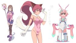 Rule 34 | 3girls, animal ears, animal hands, black thighhighs, breasts, brown hair, cat ears, cat tail, cleavage, closed mouth, full body, gloves, green eyes, hair ornament, hairclip, highres, kaien advance, large breasts, leotard, long hair, looking at viewer, multiple girls, pencil skirt, perisie (star ocean), pink hair, ponytail, short hair, simple background, skirt, smile, sophia esteed, star ocean, star ocean anamnesis, star ocean first departure, star ocean till the end of time, tail, thighhighs, verda kleiman, white background