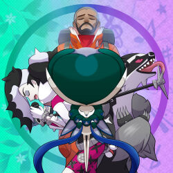 Rule 34 | 2boys, absurdres, backpack, bag, beard, belt, bike shorts, black hair, black shirt, calyrex, closed eyes, closed mouth, commentary request, creatures (company), expedition uniform, eyeshadow, facial hair, game freak, gen 8 pokemon, grey eyeshadow, highres, holding, holding microphone, jacket, legendary pokemon, makeup, male focus, microphone, multicolored hair, multiple boys, music, nintendo, obstagoon, open mouth, orange jacket, peony (pokemon), piers (pokemon), pokemon, pokemon (creature), pokemon swsh, shirt, short hair, singing, tongue, two-tone hair, very short hair, white hair, white jacket, yuu (jgvj7873)