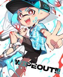 Rule 34 | 1boy, :d, absurdres, artist name, black shorts, blue hair, blue shirt, bright pupils, commentary request, fangs, flingza roller (splatoon), gradient hair, hawaiian shirt, highres, holding, holding weapon, inkling, inkling boy, inkling player character, multicolored hair, nintendo, open mouth, paint, pointy ears, print headwear, red eyes, red hair, sandals, shigeng0mi, shirt, short hair, shorts, smile, solo, splatoon (series), splatoon 3, sports sandals, teeth, tentacle hair, two-tone hair, upper teeth only, v, v-shaped eyebrows, visor cap, weapon, white background, white footwear, white pupils