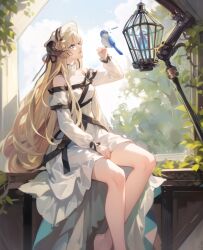 Rule 34 | 1girl, arknights, bare legs, bird, birdcage, blue bird, bonnet, cage, day, dress, forest, highres, horns, horns through headwear, horns through hood, implied extra ears, nature, nightingale (arknights), sitting, sitting on object, staff, white dress, white headwear, window, winter-ibis