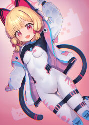 Rule 34 | 1girl, alternate costume, animal ear headphones, animal ears, arm up, blonde hair, blue archive, blush, bodysuit, breasts, cat tail, chromatic aberration, commentary request, covered navel, crotch zipper, fake animal ears, halo, headphones, jacket, long sleeves, momoi (blue archive), open clothes, open jacket, open mouth, pink halo, red eyes, saebashi, shiny clothes, short hair, small breasts, smile, solo, tail, thigh strap, two-sided fabric, two-sided jacket, white bodysuit, white jacket, zipper