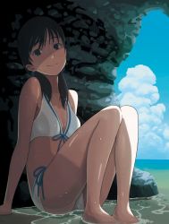 Rule 34 | 1girl, arms at sides, bare arms, bare legs, bare shoulders, barefoot, bikini, black eyes, black hair, blue ribbon, blue sky, breasts, cave, chikuwa (garakuta waakusu), cleavage, closed mouth, collarbone, day, front-tie bikini top, front-tie top, full body, head tilt, highres, horizon, knees up, long hair, looking at viewer, low twintails, ocean, original, ribbon, rock, sitting, sky, small breasts, smile, solo, summer, swimsuit, twintails, water, wet, wet clothes, wet hair, wet swimsuit, white bikini