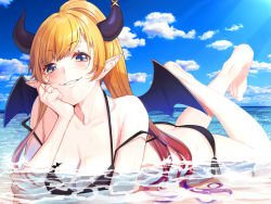 Rule 34 | 1girl, ass, barefoot, bikini, black bikini, black horns, blonde hair, blue eyes, blue sky, blush, breasts, butt crack, cleavage, cloud, cloudy sky, collarbone, commentary request, demon girl, demon horns, demon wings, feet up, grin, halterneck, hand on own cheek, hand on own face, hololive, horizon, horns, large breasts, long hair, looking at viewer, lying, mikan (chipstar182), multicolored hair, ocean, on stomach, partially submerged, pointy ears, ponytail, red hair, sky, smile, solo, strap slip, swimsuit, the pose, two-tone hair, virtual youtuber, wings, yuzuki choco, yuzuki choco (hololive summer 2019)