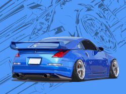 Rule 34 | absurdres, blue theme, car, commission, cybernipper, from behind, highres, motor vehicle, nissan, nissan 350z, nissan fairlady z, no humans, original, spoiler (automobile), sports car, stance (vehicle), twitter username, veilside