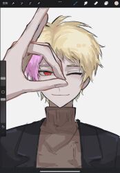 Rule 34 | 1boy, ark.a, art program in frame, atou haruki, black jacket, blonde hair, brown sweater, chinese commentary, closed mouth, commentary request, highres, jacket, looking at viewer, male focus, open clothes, open jacket, pink hair, portrait, red eyes, saibou shinkyoku, short hair, smile, solo, spoilers, sweater, turtleneck, turtleneck sweater