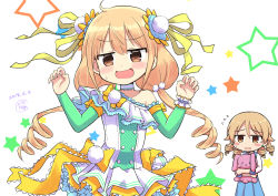 Rule 34 | 2girls, :d, alternate costume, blonde hair, blue dress, blush, bow, bowtie, brown eyes, commentary request, cosplay, costume switch, dated, detached sleeves, dress, drill hair, earrings, embarrassed, frills, futaba anzu, graphite (medium), green legwear, hair ornament, highres, idolmaster, idolmaster cinderella girls, idolmaster cinderella girls starlight stage, jewelry, light brown hair, low twintails, morikubo nono, multiple girls, open mouth, pom pom (clothes), pom pom hair ornament, signature, smile, star (symbol), starry background, stuffed animal, stuffed rabbit, stuffed toy, thighhighs, traditional media, twintails, white background, wrist cuffs, yandama