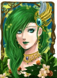 Rule 34 | 1990s (style), blue eyes, earrings, final fantasy, final fantasy iv, flower, green hair, green lips, hair ornament, jewelry, lipstick, long hair, makeup, necklace, aged up, retro artstyle, rydia (ff4), skkclub, star (symbol)