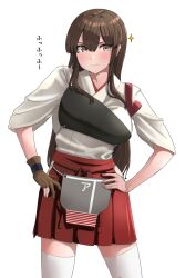 Rule 34 | 1girl, akagi (kancolle), breasts, brown eyes, brown hair, hakama, hakama skirt, highres, japanese clothes, jouzaburou (joe3), kantai collection, kimono, large breasts, long hair, muneate, red hakama, skirt, smile, thighhighs, white kimono, wide sleeves