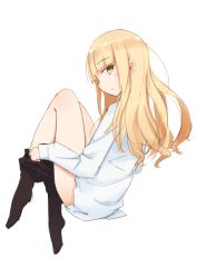 Rule 34 | 1girl, black pantyhose, blonde hair, blush, clothes pull, dress shirt, full body, highres, knees together feet apart, long hair, long sleeves, looking back, open mouth, pantyhose, pantyhose pull, perrine h. clostermann, seedflare, shirt, sideways mouth, simple background, solo, strike witches, white background, world witches series, yellow eyes
