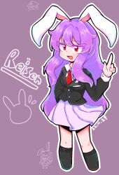 Rule 34 | 1girl, animal ears, black jacket, black socks, blazer, breasts, character name, chinese commentary, collared shirt, colored eyelashes, commentary request, cropped legs, dated, eyes visible through hair, highres, jacket, long hair, long sleeves, necktie, open mouth, pleated skirt, priswocaer, purple background, purple hair, rabbit ears, rabbit girl, red eyes, red necktie, reisen udongein inaba, shirt, simple background, skirt, small breasts, smile, socks, touhou, white shirt, white skirt