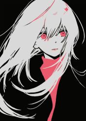 Rule 34 | 1girl, black background, hair between eyes, highres, jacket, keishin, long hair, looking to the side, monochrome, original, parted lips, pink eyes, pink theme, simple background, solo, sweater, upper body