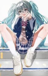 Rule 34 | 1girl, absurdres, aqua hair, black jacket, black nails, blue skirt, bow, bowtie, brown cardigan, cardigan, collared shirt, commentary, dress shirt, floating hair, green eyes, hair between eyes, hatsune miku, highres, hxk4 n, jacket, kneehighs, leg tattoo, long hair, looking at viewer, miniskirt, nail polish, number tattoo, open clothes, open jacket, plaid, plaid skirt, pleated skirt, red bow, red bowtie, school uniform, shirt, shoes, skindentation, skirt, sneakers, socks, solo, spread legs, tattoo, twintails, very long hair, vocaloid, white background, white footwear, white shirt, white socks, wing collar