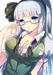 Rule 34 | 1girl, alternate breast size, alternate hair length, alternate hairstyle, bad id, bad pixiv id, bespectacled, blue eyes, blush, breasts, cleavage, emia wang, glasses, hairband, konpaku youmu, large breasts, long hair, looking at viewer, silver hair, sketch, solo, touhou