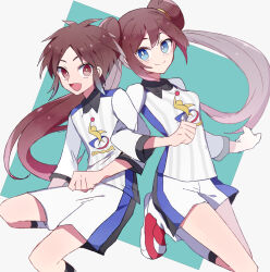 1boy 1girl :d blue_eyes brown_eyes brown_hair clenched_hand closed_mouth collared_shirt commentary_request creatures_(company) double_bun doughnut_hair_bun game_freak gym_challenge_uniform hair_bun highres locked_arms long_hair long_sleeves looking_at_viewer nanashiba_(banntlla) nate_(pokemon) nintendo open_mouth pokemon pokemon_bw2 pokemon_swsh red_footwear rosa_(pokemon) shirt shoes short_hair shorts smile socks striped_clothes striped_shirt twintails vertical-striped_clothes vertical-striped_shirt white_shirt white_shorts white_socks