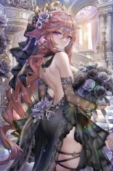 Rule 34 | 1girl, alternate costume, animal ears, ass, back, backless dress, backless outfit, bare back, black dress, black flower, black rose, black sleeves, bouquet, breasts, detached sleeves, dress, earrings, floppy ears, flower, fox ears, from side, genshin impact, hair between eyes, highres, holding, holding bouquet, jewelry, lace trim, large breasts, long hair, looking at viewer, median furrow, pink hair, purple eyes, rose, skindentation, solo, thigh strap, thighs, tihghs, torino aqua, yae miko
