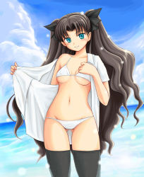 Rule 34 | 00s, 1girl, beach, bikini, black hair, black thighhighs, blue eyes, bra, cloud, day, fate/stay night, fate (series), lingerie, long hair, open clothes, open shirt, outdoors, ryp, shirt, solo, swimsuit, thighhighs, tohsaka rin, two side up, underwear, undressing, very long hair, white bikini