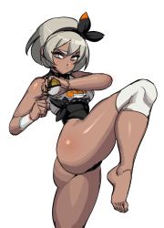 Rule 34 | 1girl, ass, barefoot, bea (pokemon), black hairband, black leotard, breasts, clenched hand, creatures (company), crop top, dark-skinned female, dark skin, fighting stance, game freak, grey hair, gym leader, hairband, highres, holding, holding poke ball, leg lift, legs, leotard, long legs, maniacpaint, medium breasts, nintendo, plantar flexion, poke ball, pokemon, pokemon swsh, short hair, sketch, sleeveless, solo, standing, standing on one leg, thick eyebrows, thighs, thong leotard, toes, white background, wristband
