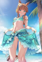 1girl alternate_hairstyle animal_ears beach blue_eyes breasts closed_mouth commentary_request hair_between_eyes hair_ornament highres horse_ears horse_tail looking_at_viewer navel official_alternate_costume orange_hair palm_tree shirokuma_a silence_suzuka_(emerald_on_the_waves)_(umamusume) silence_suzuka_(umamusume) sky small_breasts smile swimsuit tail thighs tree umamusume