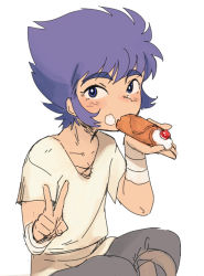 Rule 34 | 1boy, aged down, bad id, bad pixiv id, blue eyes, blue hair, cancer death mask, cannoli, child, cream, cream on face, crossed legs, eating, food, food on face, indian style, looking at viewer, male focus, matching hair/eyes, nemu (nora), saint seiya, simple background, sitting, solo, v