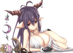 Rule 34 | 10s, 1girl, antenna hair, breasts, cleavage, closed mouth, crescent, danua, doll, draph, dress, female focus, fingerless gloves, full body, gloves, granblue fantasy, hair between eyes, haishiki, horn ornament, horns, jewelry, large breasts, long hair, looking at viewer, lying, necklace, on side, pointy ears, purple hair, red eyes, simple background, solo, white background