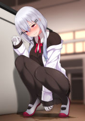 Rule 34 | 1girl, between legs, black pantyhose, black skirt, black sweater, blurry, blurry background, blush, clenched hand, clenched teeth, coat, embarrassed, female focus, full body, gloves, grey hair, hair between eyes, hair ornament, hair tie, hairclip, hakase fuyuki, half-closed eyes, hand between legs, hand up, highres, indoors, long hair, maanii, miniskirt, neck ribbon, nijisanji, nose blush, off shoulder, pantyhose, parted lips, peeing, peeing self, pleated skirt, puddle, red eyes, red footwear, red ribbon, ribbon, shiny clothes, shirt, shoes, skirt, sleeves past wrists, solo, squatting, steam, sweat, sweater, tears, teeth, twintails, virtual youtuber, wet, wet clothes, white coat, white gloves, white shirt