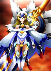 Rule 34 | 1girl, absurdres, arc system works, bare shoulders, blazblue, blonde hair, blue eyes, cape, female focus, gradient background, headdress, highres, long hair, mu-12, nail polish, solo, weapon