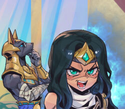 Rule 34 | 1boy, 1girl, angry, armor, bandaged arm, bandages, bare shoulders, bespectacled, black hair, blue background, dark skin, fang, fire, fire, furry, furry male, gem, glasses, gold armor, green eyes, hair ornament, hand up, league of legends, long hair, looking up, muscular, muscular male, nasus, phantom ix row, sivir, teeth, thinking, tongue