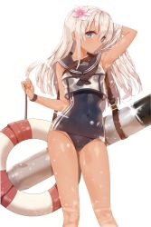 Rule 34 | 10s, 1girl, armpits, bad id, bad pixiv id, blonde hair, blue eyes, crop top, flower, hair flower, hair ornament, kantai collection, long hair, mx2j, one-piece swimsuit, revision, ro-500 (kancolle), school swimsuit, solo, swimsuit, swimsuit under clothes, tan, thighs, torpedo
