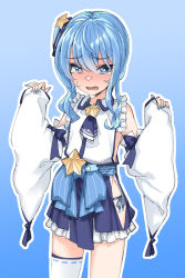 Rule 34 | 1girl, ascot, blue ascot, blue background, blue eyes, blue hair, blue hakama, blue nails, cosplay, cowboy shot, detached sleeves, embarrassed, frilled skirt, frills, hair between eyes, hair ornament, hakama, hakama skirt, highres, hip vent, hololive, hoshimachi suisei, japanese clothes, medium hair, nail polish, nontraditional miko, open mouth, outline, panties, sakura miko, sakura miko (1st costume), sakura miko (cosplay), side-tie panties, sidelocks, simple background, single thighhigh, skirt, solo, standing, star (symbol), star hair ornament, star in eye, sweatdrop, symbol in eye, tenbin gashira, thighhighs, underwear, virtual youtuber, white outline, white thighhighs, wide sleeves