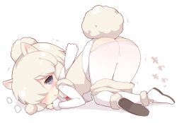 Rule 34 | 10s, 1girl, all fours, alpaca ears, alpaca suri (kemono friends), alpaca tail, animal ears, ass, clothes pull, fur collar, fur trim, hair over one eye, kemono friends, long sleeves, looking at viewer, open mouth, pantyhose, pantyhose pull, short hair, simple background, skirt, skirt pull, solo, tail, watanon (gakushokutei), white background, white hair, white pantyhose