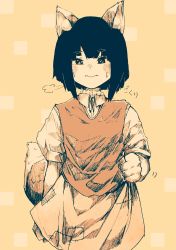 Rule 34 | 1girl, puff of air, animal ears, black eyes, black hair, blush, clenched hands, collared shirt, commentary request, fox ears, fox girl, fox tail, hakurohokuto, highres, looking at viewer, miniskirt, monochrome, neck ribbon, original, patch, ribbon, rock paper scissors, sepia, shirt, short hair, short sleeves, skirt, solo, string around finger, sweatdrop, tail, upper body, vest, yellow background
