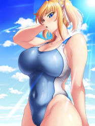 Rule 34 | 1girl, blonde hair, blue eyes, blue sky, breasts, competition swimsuit, highleg, highleg swimsuit, highres, large breasts, long hair, looking at viewer, one-piece swimsuit, shinganji kurenai, shiny skin, sky, swimsuit, taimanin (series), taimanin kurenai, taimanin rpgx, twintails, wide hips