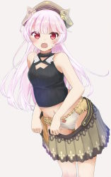 Rule 34 | 1girl, animal ears, bare arms, bare shoulders, black shirt, blush, breasts, brown skirt, commentary request, eyebrows hidden by hair, feet out of frame, fiora ariete, frilled panties, frills, grey background, head scarf, highres, long hair, navel, open mouth, original, panties, pink hair, pleated skirt, red eyes, ribbed shirt, sekira ame, shirt, simple background, skirt, sleeveless, sleeveless shirt, small breasts, solo, sweat, underwear, very long hair, white panties