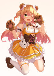Rule 34 | 1girl, ;d, animal bag, animal ears, animal hands, arm garter, asymmetrical legwear, bare shoulders, bear bag, bear ears, bear paws, bell, blonde hair, blush, bodice, boots, bow, bowtie, breasts, brown footwear, cleavage, cleavage cutout, clothing cutout, corset, cutout above navel, flower, frilled shirt, frilled skirt, frilled socks, frills, gloves, gradient hair, green eyes, hair flower, hair ornament, highres, hololive, jingle bell, jumping, large breasts, layered skirt, long hair, miniskirt, momosuzu nene, multicolored hair, multicolored neckwear, neck bell, one eye closed, open mouth, orange shirt, orange skirt, paw gloves, paw pose, peach ornament, pink hair, shirt, single sock, single thighhigh, skirt, skirt set, sleeveless, sleeveless shirt, smile, socks, solo, teeth, thighhighs, two side up, underbust, uneven legwear, upper teeth only, virtual youtuber, vococo, white socks, yellow skirt