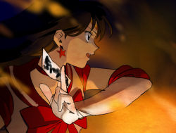 Rule 34 | 1girl, between fingers, bishoujo senshi sailor moon, black hair, bow, dark, earrings, elbow gloves, fire, gloves, hino rei, holding, jewelry, midori (ike), ofuda, ofuda between fingers, open mouth, red bow, sailor mars, solo, star (symbol), star earrings, upper body, white gloves