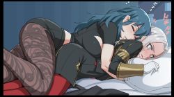 Rule 34 | 2girls, bed, bed sheet, black shorts, blue hair, blush, boots, breasts, byleth (female) (fire emblem), byleth (fire emblem), cleavage cutout, closed eyes, clothing cutout, commentary request, drooling, edelgard von hresvelg, fire emblem, fire emblem: three houses, garreg mach monastery uniform, girl on top, gloves, grey eyes, hair between eyes, high heel boots, high heels, holding person, indoors, large breasts, long hair, lying on person, midriff, mikoyan, military, military uniform, multiple girls, nintendo, pantyhose, pantyhose under shorts, parted bangs, pillow, red legwear, short shorts, shorts, silver hair, sleeping, sleeping on person, sweatdrop, uniform, white gloves, yuri