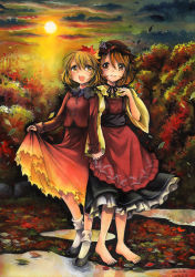 Rule 34 | 2girls, aki minoriko, aki shizuha, artist name, autumn, autumn leaves, barefoot, blonde hair, brown eyes, brown hair, clothes lift, cloud, dated, food, forest, fruit, grapes, grass, holding hands, hat, looking at another, looking at viewer, mosho, multiple girls, nature, neck ribbon, painting (medium), ribbon, short hair, siblings, signature, sisters, skirt, skirt lift, sky, smile, sun, sunlight, sunset, touhou, traditional media, tree, water, watercolor (medium), wind, yellow eyes