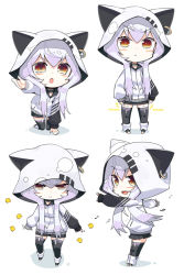 Rule 34 | 1girl, :&lt;, animal, animal ears, animal hood, arm support, azuma lim, azuma lim channel, bad id, bad pixiv id, beamed sixteenth notes, bird, black skirt, black thighhighs, brown eyes, cat ears, cat hood, chibi, closed mouth, commentary request, ear piercing, eighth note, hair between eyes, hood, hood up, hoodie, kneeling, long hair, long sleeves, looking at viewer, multiple views, musical note, outstretched arm, outstretched arms, piercing, pleated skirt, pointing, sidelocks, silver hair, skirt, standing, tanyatonya, thighhighs, translation request, v-shaped eyebrows, very long hair, virtual youtuber, white background, white hoodie