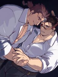 Rule 34 | 2boys, age difference, bara, beard stubble, chest hair, collared shirt, dutch angle, facial hair, from side, heads together, highres, holding hands, large pectorals, male focus, mature male, mononobe kyoma, multicolored hair, multiple boys, muscular, muscular male, nanaisan (713), necktie, one eye covered, partially unbuttoned, pectoral cleavage, pectorals, profile, protagonist 3 (housamo), shirt, short hair, sideburns, sideburns stubble, sparse chest hair, streaked hair, stubble, sweatdrop, thick eyebrows, tokyo houkago summoners, undone necktie, white hair, yaoi