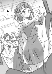 Rule 34 | 4girls, blunt bangs, blurry, blurry foreground, braid, braided bun, breasts, chestnut mouth, commentary request, evil smile, greyscale, groping motion, hair bun, hair ornament, hair scrunchie, hairclip, hakama, hakama skirt, heanna sumire, in-franchise crossover, japanese clothes, large breasts, long hair, love live!, love live! nijigasaki high school idol club, love live! school idol project, love live! superstar!!, low twintails, marugoshi teppei, medium breasts, medium hair, miko, monochrome, multiple girls, notice lines, open mouth, out of frame, scrunchie, see-through silhouette, single side bun, skirt, smile, standing, swept bangs, takasaki yu, thigh gap, tojo nozomi, translation request, twintails, uehara ayumu