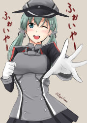 Rule 34 | 1girl, ;d, aqua hair, blue eyes, breasts, clenched hand, cosplay, fuuma nagi, gloves, hair ornament, hairclip, hat, kantai collection, large breasts, looking at viewer, military, military uniform, one eye closed, open mouth, peaked cap, prinz eugen (kancolle), prinz eugen (kancolle) (cosplay), reaching, reaching towards viewer, skirt, smile, solo, suzuya (kancolle), translation request, twintails, twitter username, uniform, white gloves