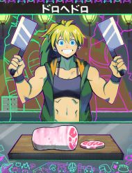 Rule 34 | 1girl, blonde hair, blue eyes, butcher, butcher knife, cutting board, denaseey, dorohedoro, food, highres, holding, holding knife, knife, long hair, looking at viewer, meat, muscular, muscular female, navel, nikaidou (dorohedoro), open mouth, smile, solo, upper body