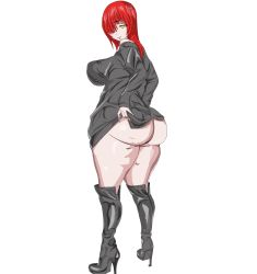 Rule 34 | artist request, ass, blood, boots, breasts, curvy, high heel boots, high heels, highres, huge ass, huge breasts, huge penis, knee boots, nipples, penis, plump, red hair, sagging breasts, third-party edit, toned, yellow eyes