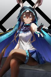 Rule 34 | 1girl, absurdres, amiya (arknights), animal ears, arknights, ascot, black pantyhose, blue ascot, blue collar, blue eyes, blue skirt, cape, collar, diamond (shape), earrings, feet out of frame, grey background, hair between eyes, highres, hood, hood up, hooded cape, jewelry, looking at viewer, multiple rings, neck ring, nune (60569), originium arts (arknights), outstretched arm, pantyhose, parted lips, plaid, plaid skirt, pleated skirt, ponytail, rabbit ears, rabbit girl, red pupils, ring, shirt, sidelocks, simple background, sitting, skirt, sleeveless, sleeveless shirt, solo, thighlet, white shirt