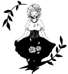 Rule 34 | 1girl, anzu (o6v6o), breasts, closed eyes, facing viewer, flower, flower in mouth, greyscale, gumi, hair flower, hair ornament, high-waist skirt, jewelry, medium breasts, monochrome, mouth hold, necklace, pantyhose, petals, short hair with long locks, short sleeves, skirt, skirt basket, skirt hold, solo, underbust, vocaloid